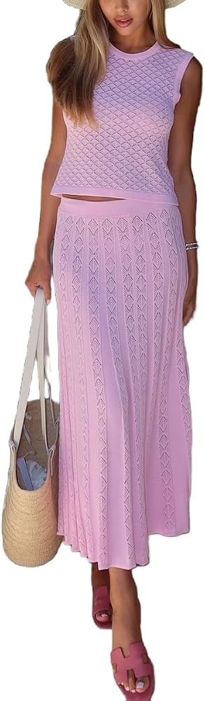 Knit Sets Two Piece Women Crochet Knit Sleeveless Crop Tank Top and Maxi Skirt Set Beach Vacation | Amazon (US)