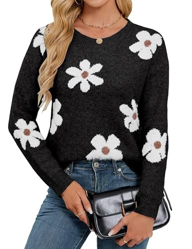 Libsorge Womens Oversized Cute Flower Sweaters for Women Fall Winter Spring 2025 Trendy Outfits Ladies Dressy Casual Cozy Soft Fuzzy Knit Crew Neck Long Sleeve Pullover Sweater Top Black M | Amazon (US)