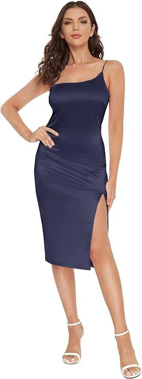 Romwe Women's Elegant One Shoulder Sleeveless Split Hem Satin Party Cocktail Midi Dress | Amazon (US)
