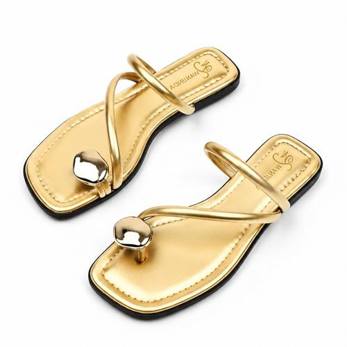 HDFDB Women'S Leather Strappy Flat Metal Toe Ring Sandals Fashionable Square Open Toe Low Block Heel Slip-On Clip Toe Slide Sandals Casual Summer Beach Slipper (8.5,Gold) | Amazon (US)