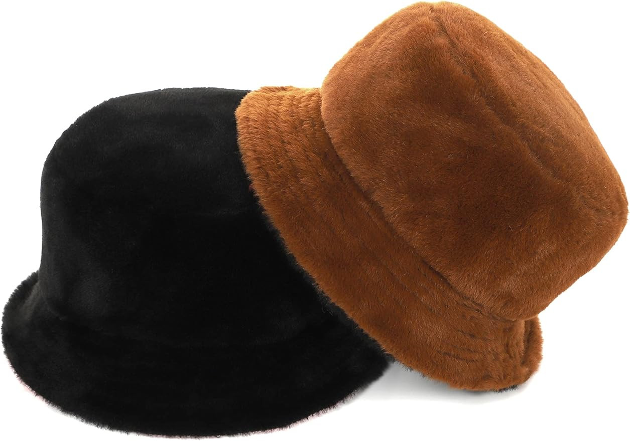 Rulala Fancy Faux Fur Bucket Hat Women Men Fuzzy Winter Warm Reversible Hats Solid Fisherman Cap | Amazon (US)