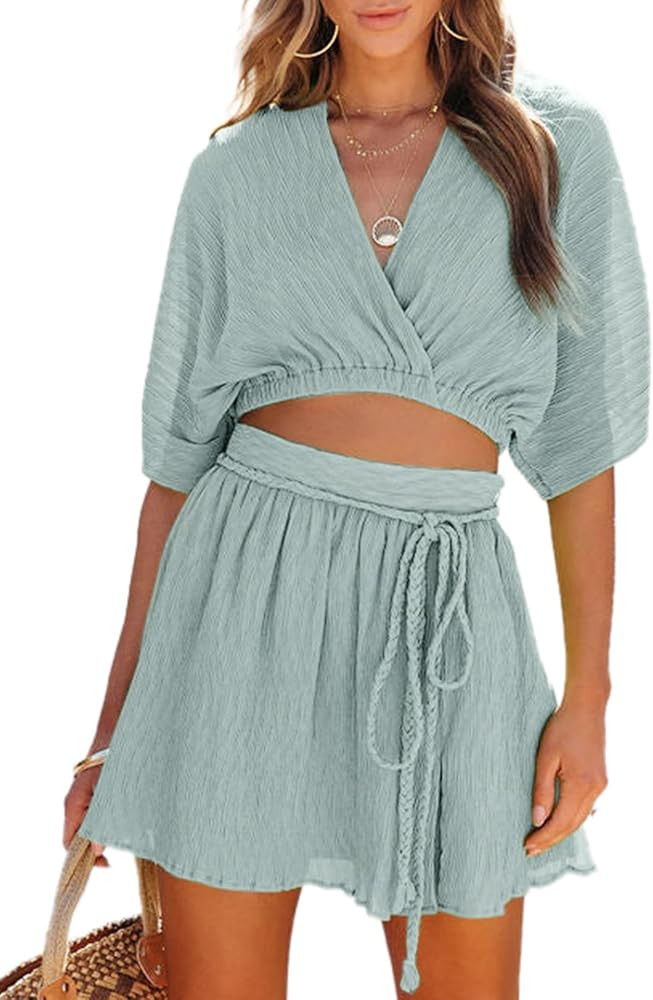Dokotoo Vacation Outfits for Women V Neck Bat Sleeve Crop Top Side Split Skirt Flowy Skirt Sets W... | Amazon (US)