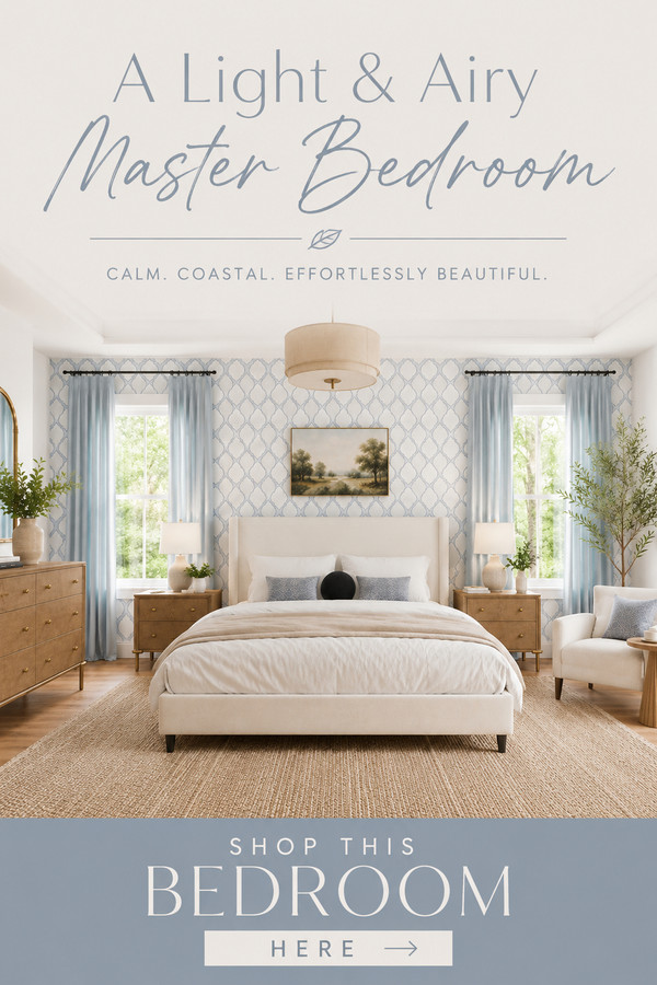 Create a beautiful light and airy master bedroom with soft blue accents, elegant wallpaper, warm wood furniture, natural