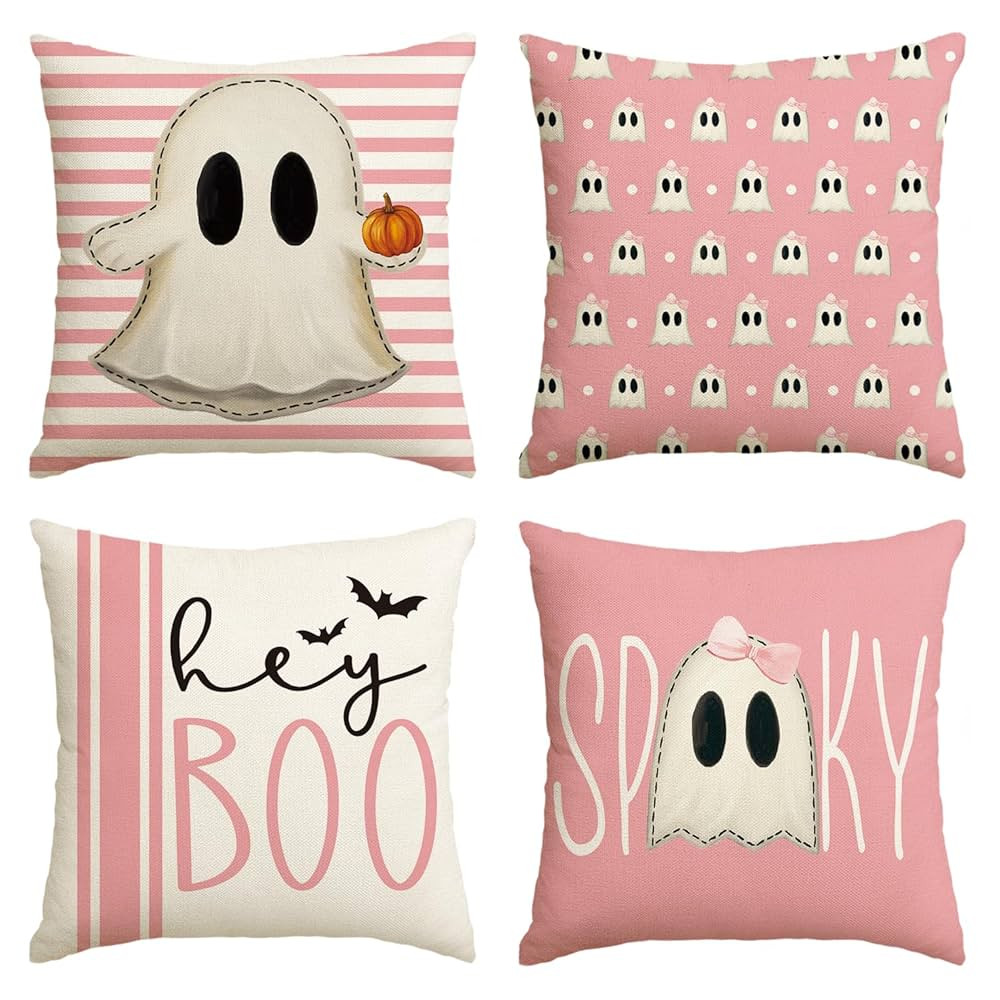 AVOIN colorlife Halloween Hey Boo Cute Ghost Spooky Pink Throw Pillow Covers, 18 x 18 Inch Horror... | Amazon (US)