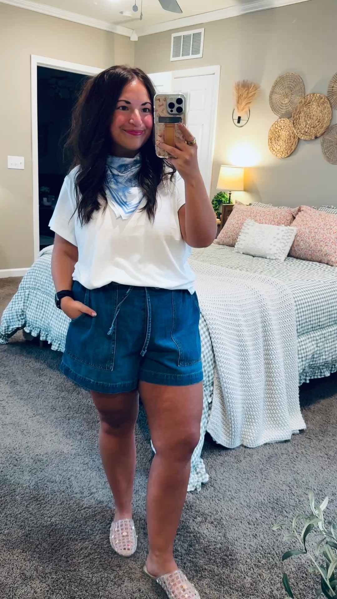 The accessory I'm reaching for all summer long 🤍 A simple neck scarf instantly elevates even the most basic outfit and adds the perfect finishing touch.

jelly flats: fit true to size // wearing a 5
shorts: fit true to size // wearing a large
tee: fits true to size // wearing a large 

 #LTKootd #LTKMidsize