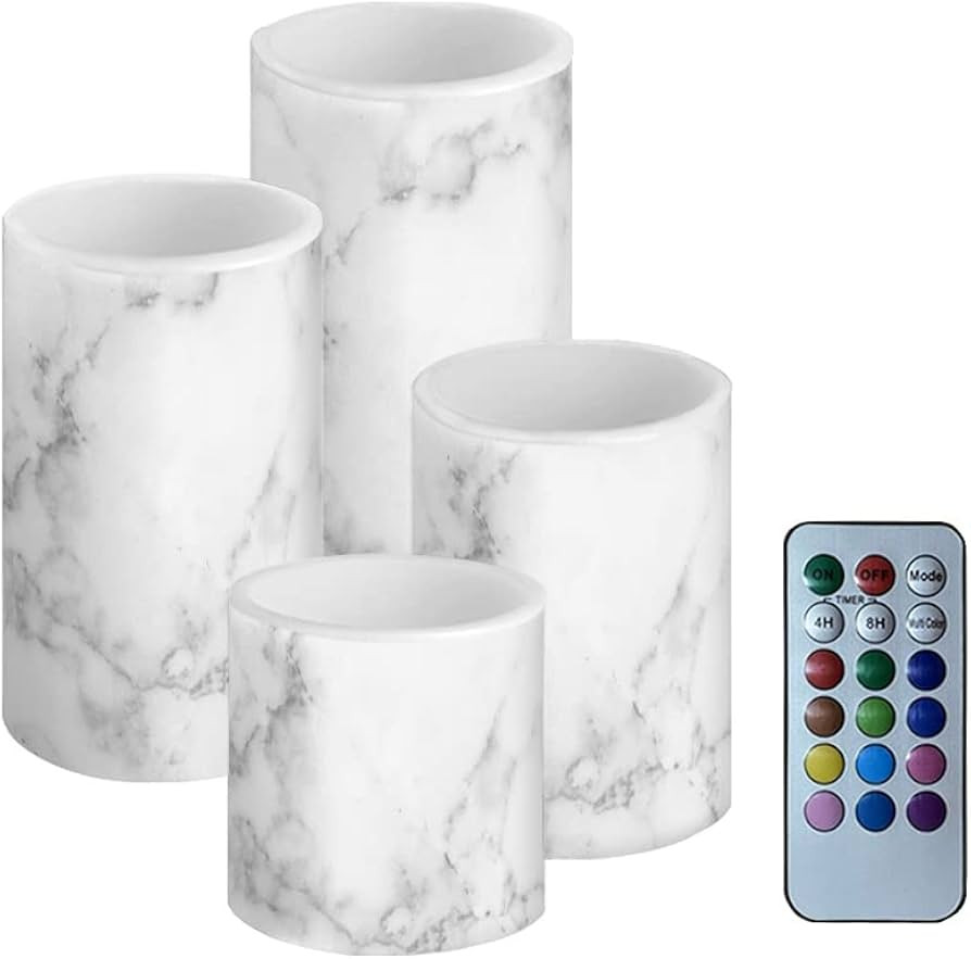 Jiueut White Marble Print Flameless Candles with Timer Remote for Outdoor Indoor Decor,Battery Operated Flickering LED Pillar Candles Set of 4 for Home Table Wedding Decor | Amazon (US)