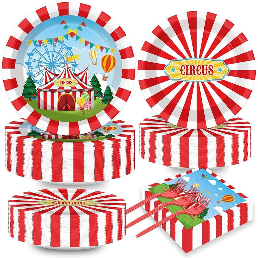 200pcs Circus Party Plates Napkins Forks Carnival Themed Party Tableware Set Red White Party Disp... | Amazon (US)