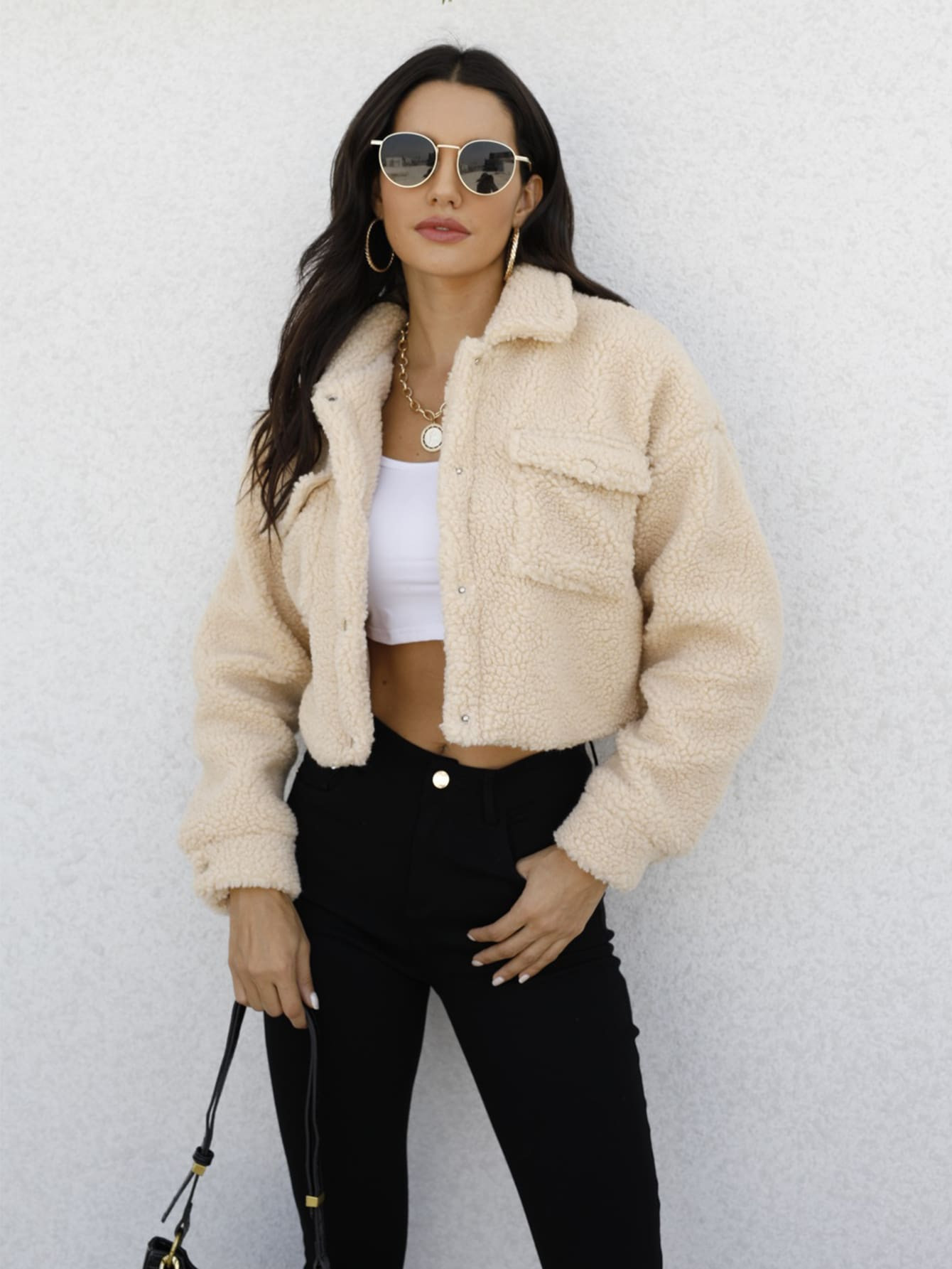 Flap Pocket Drop Shoulder Teddy Jacket | SHEIN