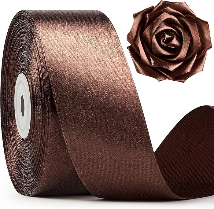 1-1/2 Inch Wide Brown Satin Ribbon, 50 Yards Solid Polyester Fabric Ribbon for Roses Making, Gift... | Amazon (US)