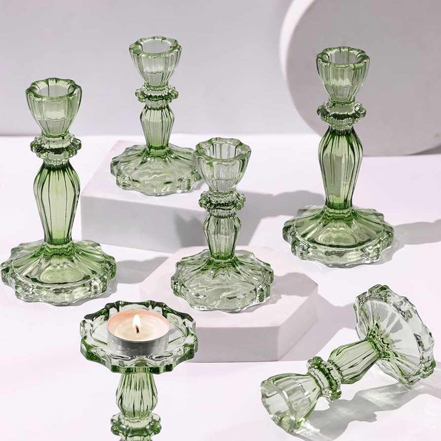Green Candlestick Holders Set of 6, Taper Candle Holders, 4.3" H & 6.3" H Glass Candle Holder for... | Amazon (US)