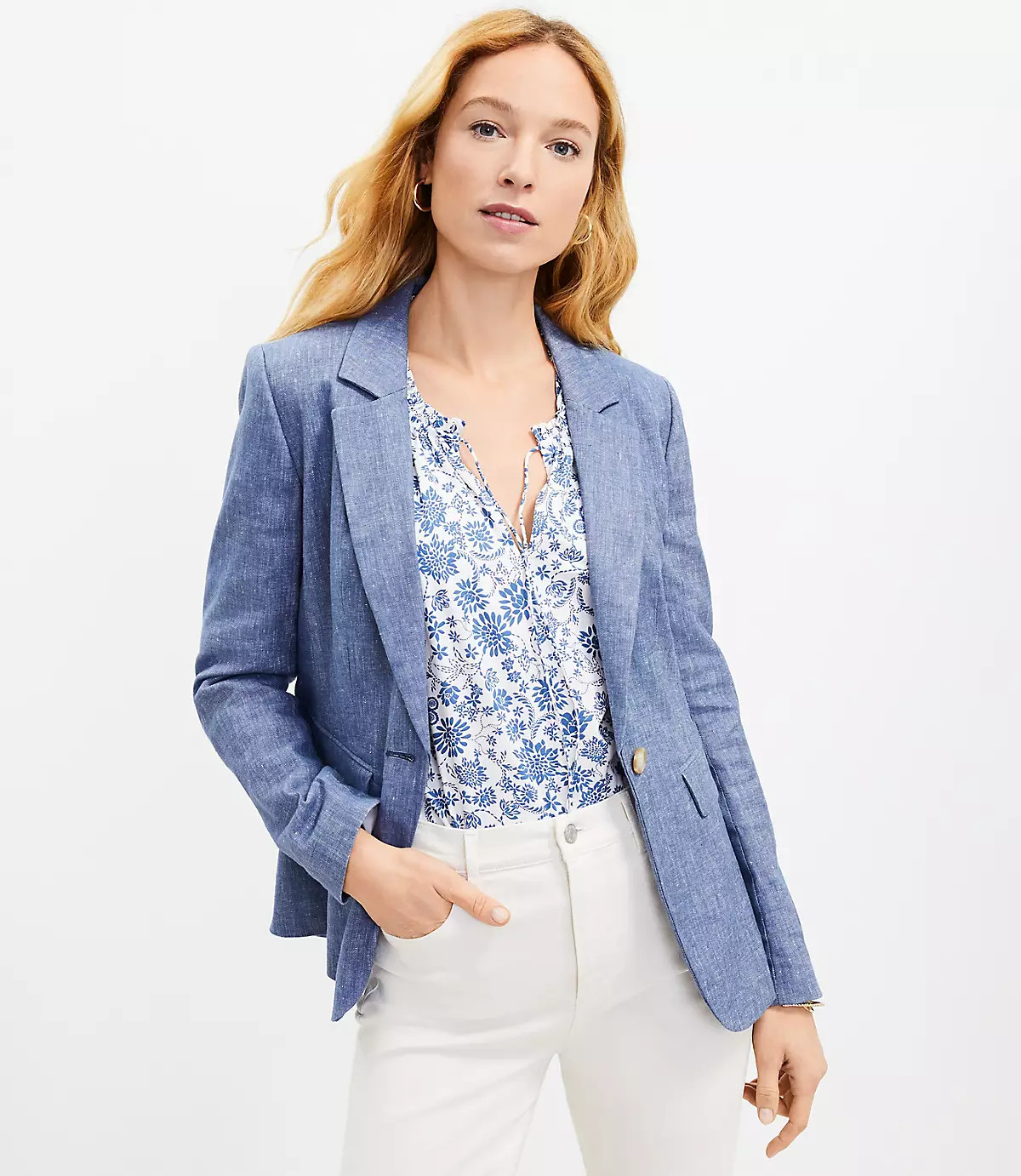 Chambray Long Modern Blazer | LOFT