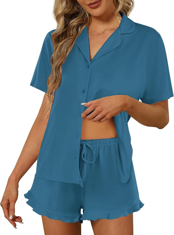 Ekouaer Pajamas Set for Women Short Sleeve Sleepwear Button Down Pjs Lounge Sets Soft Nightwear | Amazon (US)