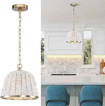 PHILOMENA White Wood Beaded Boho Chandelier, Brass Gold 1-Light Nursery Coastal French Country Do... | Amazon (US)