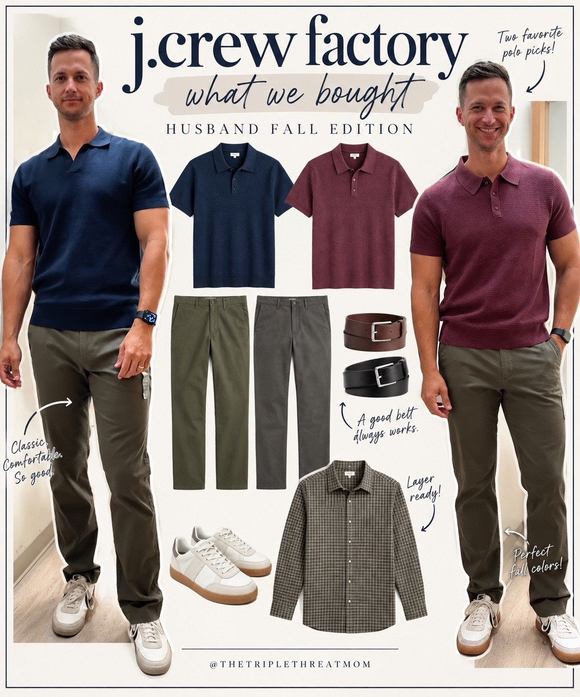 Everything we picked out for Tyler on our recent trip to Jcrew factory. He wore a medium in the polos.