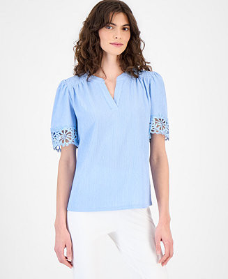 Women's Split-Neck Lace-Trim Top | Macy's