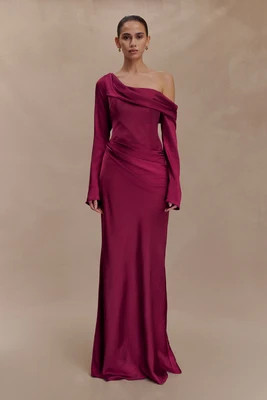 Iris Long Sleeve Satin Maxi Dress - Mahogany I MESHKI I Size XL | MESHKI US