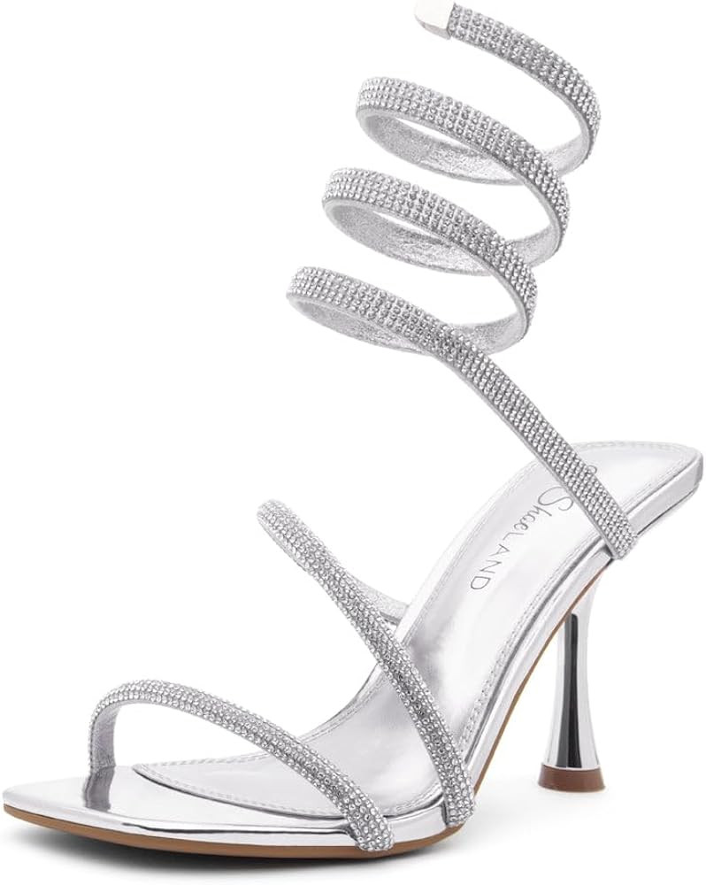 Shoe Land Charming2 Women's Rhinestone Heels, Square Open Toe High Stilettos with Spiral Ankle Wr... | Amazon (US)