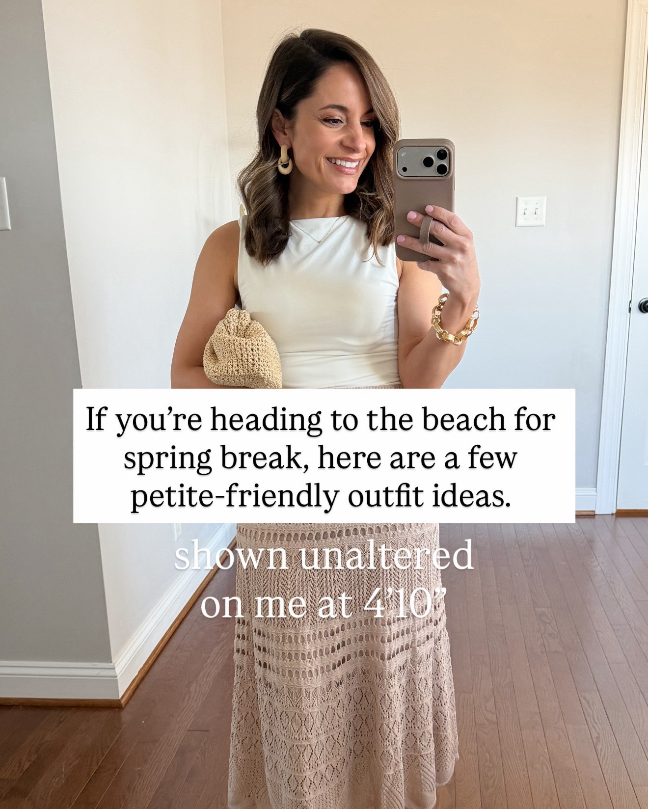 Spring break at the beach outfit ideas for petites! Budget friendly options from Target and Amazon. 

Outfit 1: 
Crochet skirt (Amazon): xs 
Tank top (Amazon): xs 
Shoes (DV)  tight on toes 
Bag (J.Crew) 
Earrings (J.Crew) sold out :(

Outfit 2 
Dress (Amazon): xs 
Shoes (DV) tight on toes 
Bag (J.Crew) 

Outfit 3 
Swimsuit (Target): xs 
Cover-Up (Target): xs 
Sandals (DV): tts 
Hat (Brixton): small 

Outfit 4 
Pants (Athleta): petite xxs - 28” inseam 
Swimsuit (Target): xs 
Sandals (DV): tts 
Hat (Brixton): small 

Outfit 5 
Swimsuit (Old Navy): xs 
Sandals (Birkenstock) 

Outfit 6 
Pareo (Amazon) 

#LTKSeasonal #LTKTravel #LTKPetite