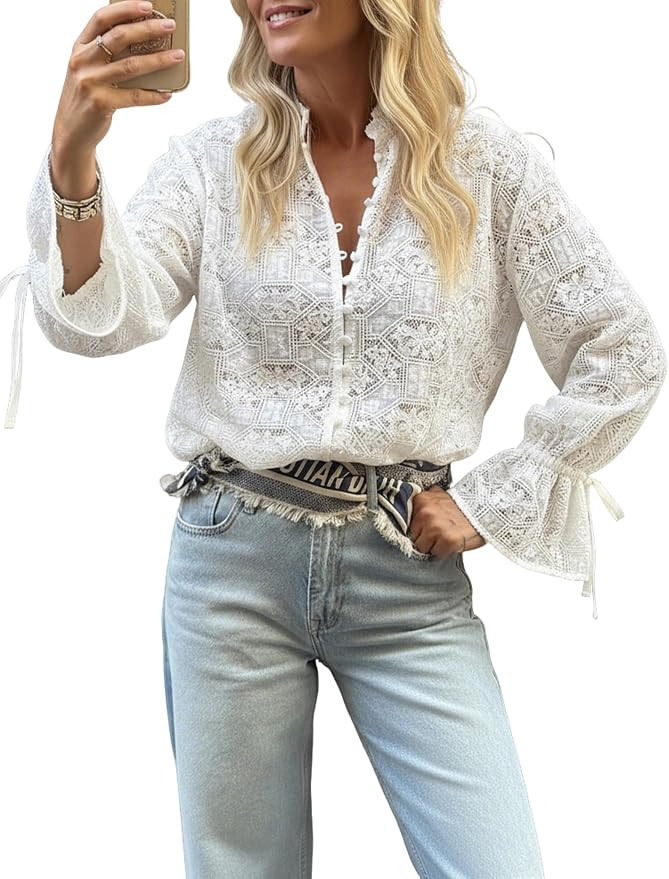 Lingswallow Women's Casual Lace Blouse Bell Sleeve Eyelet Button Down Top | Cotton Blend Lace Fab... | Amazon (US)