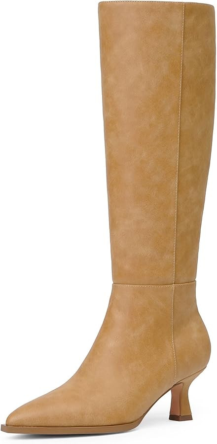 Modatope Knee High Boots Kitten Low Heel Faux Leather Pointed Toe Side Zipper Fall Long Tall Boot... | Amazon (US)