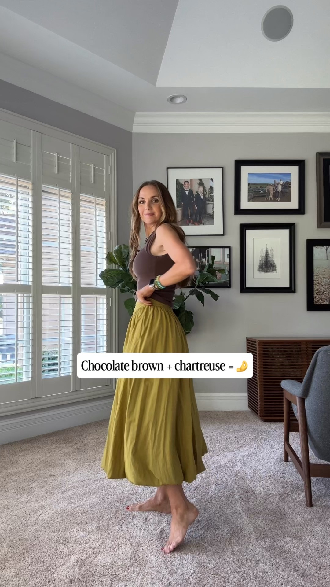 Outfit with a gorgeous color combination - chocolate brown and chartreuse green, with pops of turquoise! I’m in a small in the skirt.

#LTKootd #LTKgrwm #LTKdayinmylife