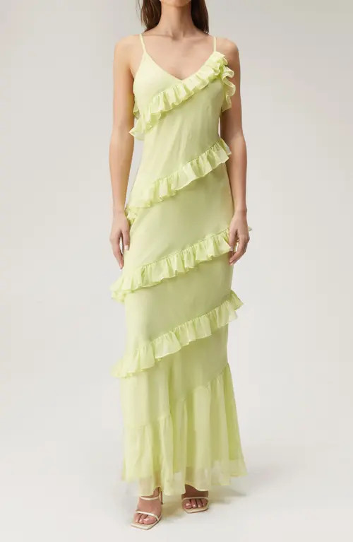 NASTY GAL Tiered Ruffle Chiffon Maxi Dress in Washed Lime at Nordstrom, Size 4 | Nordstrom