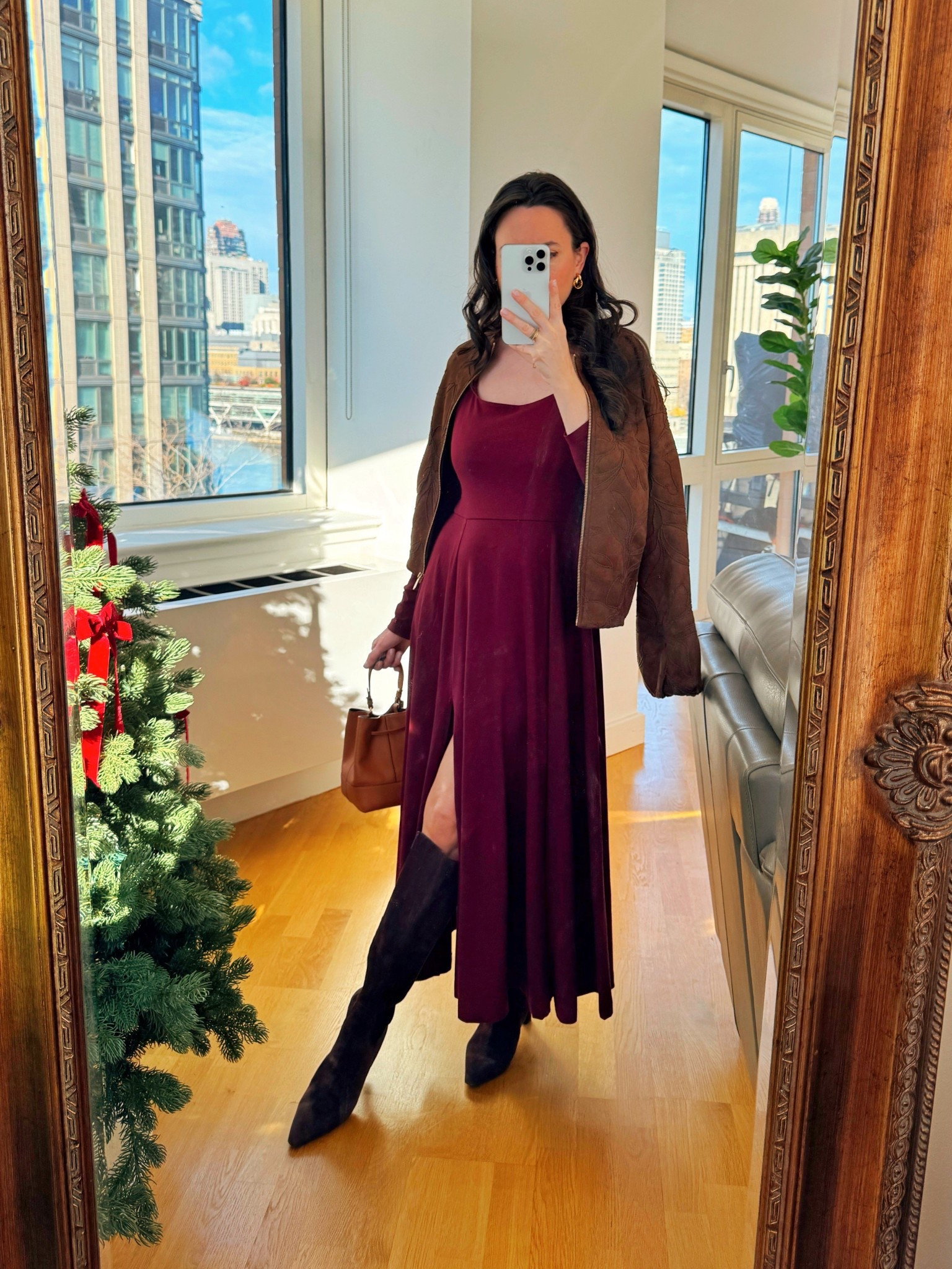 Burgundy dress in S, Jacket in XS, boots I went up a full size to wear it with winter socks

#LTKHoliday #LTKCyberWeek