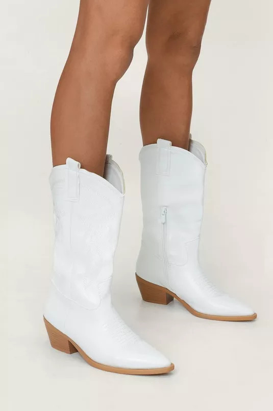 Faux Leather Embroidered Cuban Heel Cowboy Boots | Nasty Gal (US)
