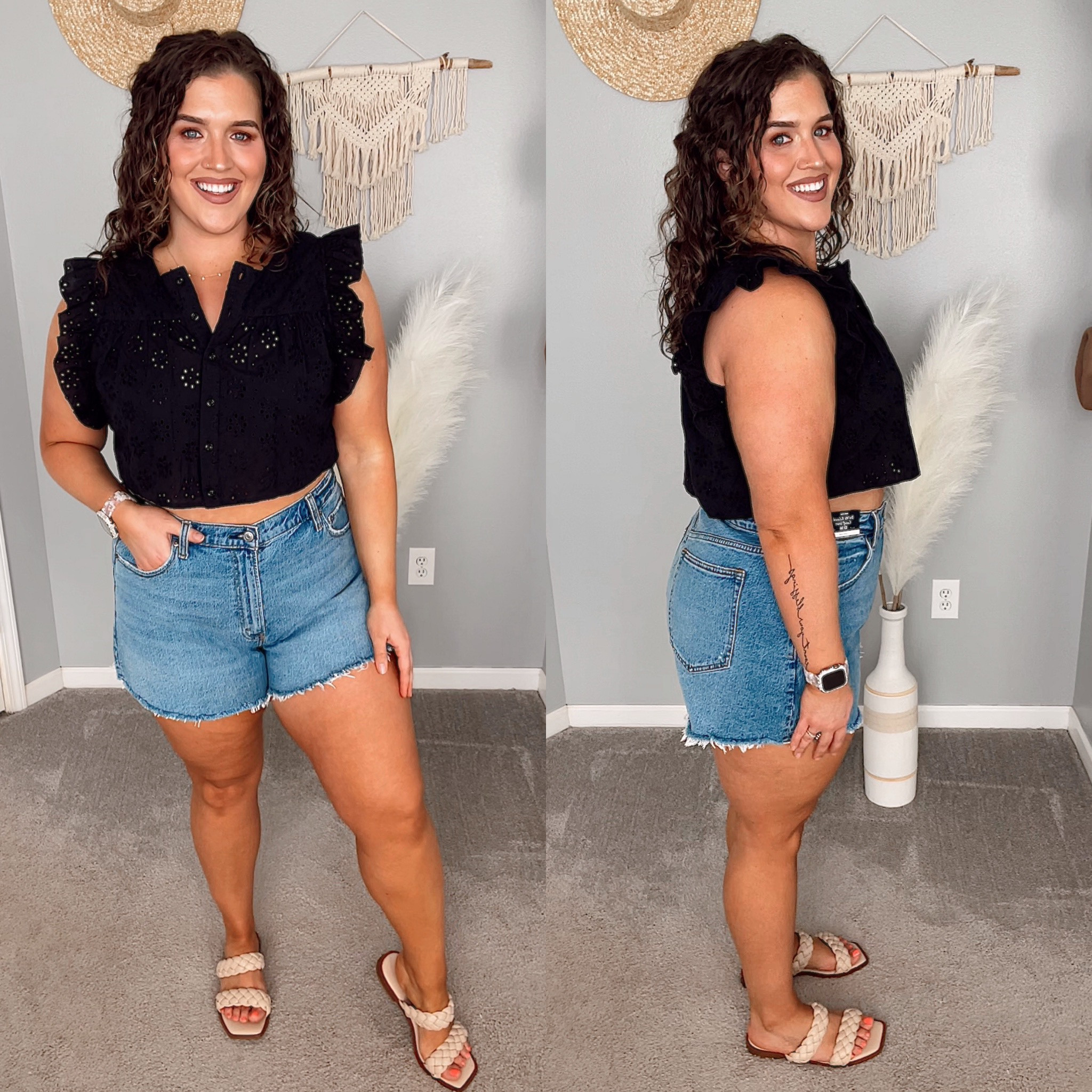 Midsize curvy friendly denim shorts for Spring and Summer☀️💙✨ 
I’m a true size 14/32 and sized up to a 16/33 in these shorts
Top: XL
Fits great with no waist gapping 🙌🏼
#midsizeoutfits #ootd #casualoutfit #springstyle #summerstyle #shorts #jeans #denim #jeanshorts #denimshorts #croptop #eyelet #sandals #curvelove 