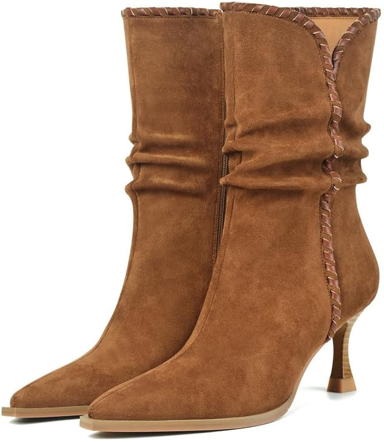 Slouchy Ankle Boots for Women Suede Low Kitten Heel Pointed Toe Booties Comfortable Trendy Side Z... | Amazon (US)