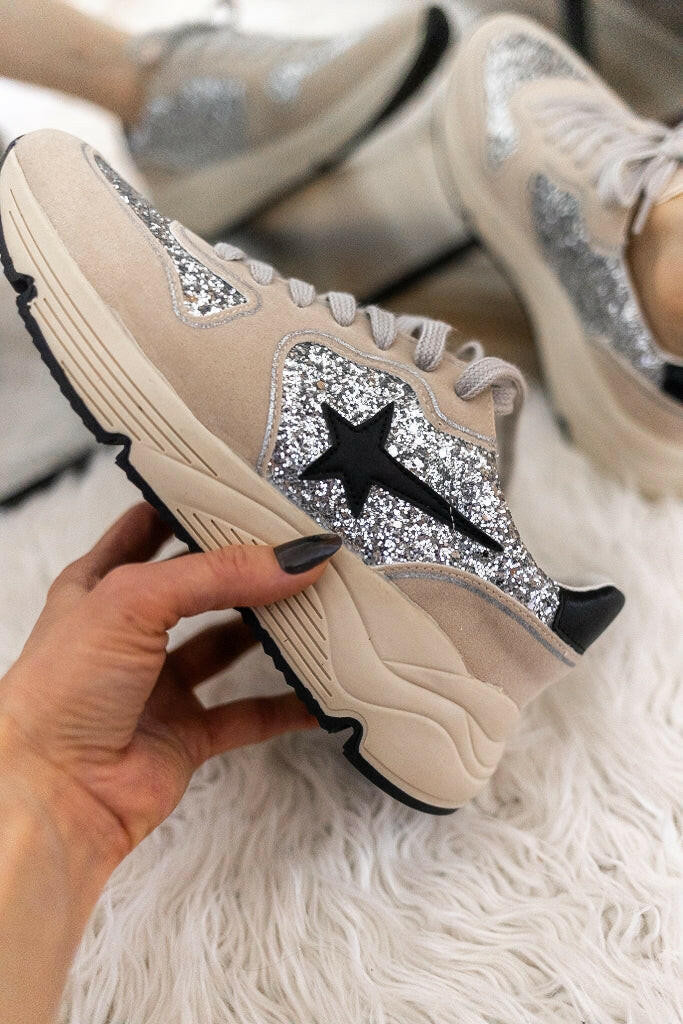Taupe Rowan Star Sneakers with Glitter Design | Krush Kandy