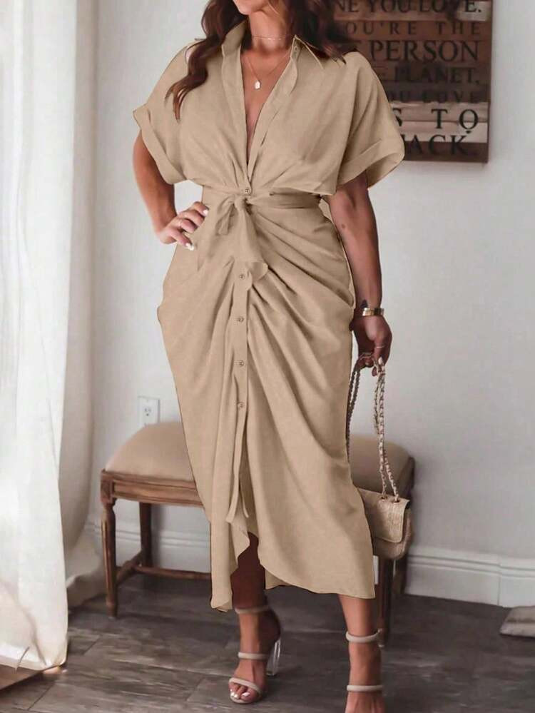 Vionelle Khaki,Summer,Elegant,Festa,Work Plus Size Solid Color Pleat Hem Shirt Dress Maxi Women O... | SHEIN