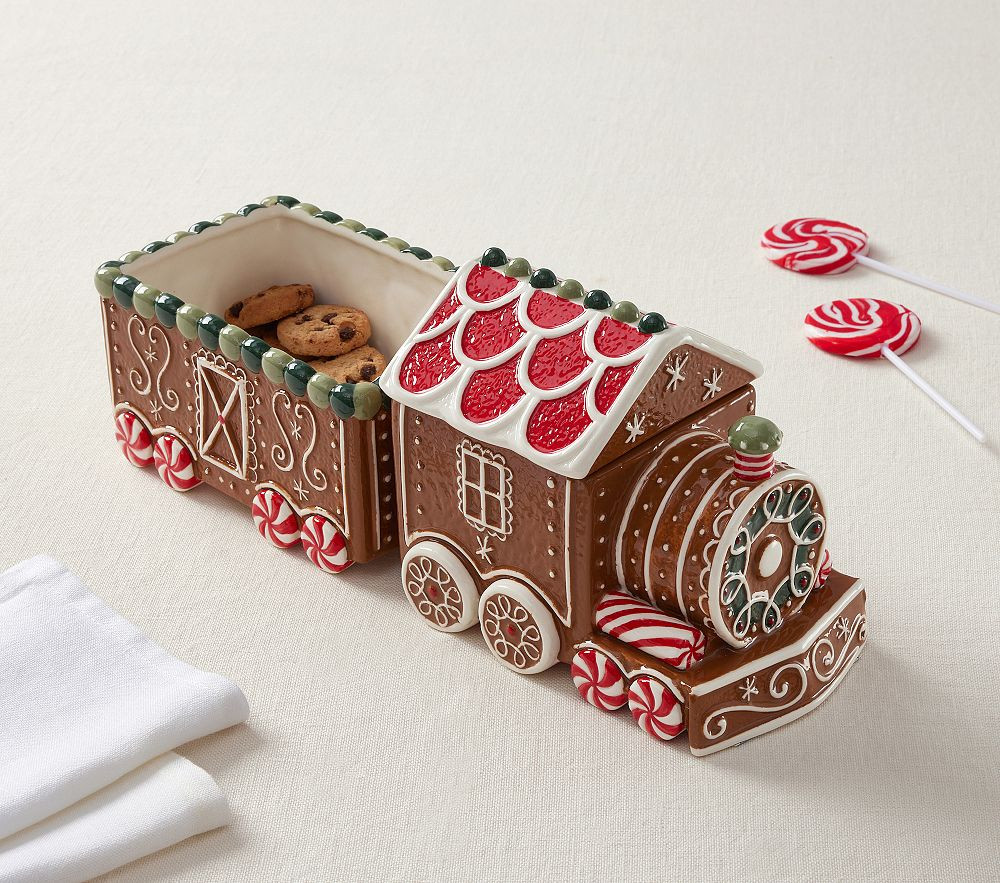 Gingerbread Ceramic Train Serving Set | Pottery Barn Kids