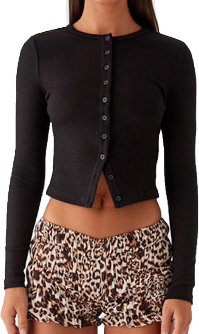 ICNGLKSND Women Long Sleeve Button Front Knit Crop Tops Front Split Crewneck Slim Fit Sexy Crop T... | Amazon (US)