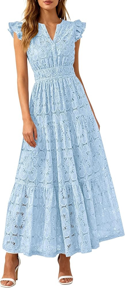 PRETTYGARDEN Womens Boho Maxi Dresses 2026 Summer Floral Lace Eyelet V Neck Spring Wedding Guest ... | Amazon (US)