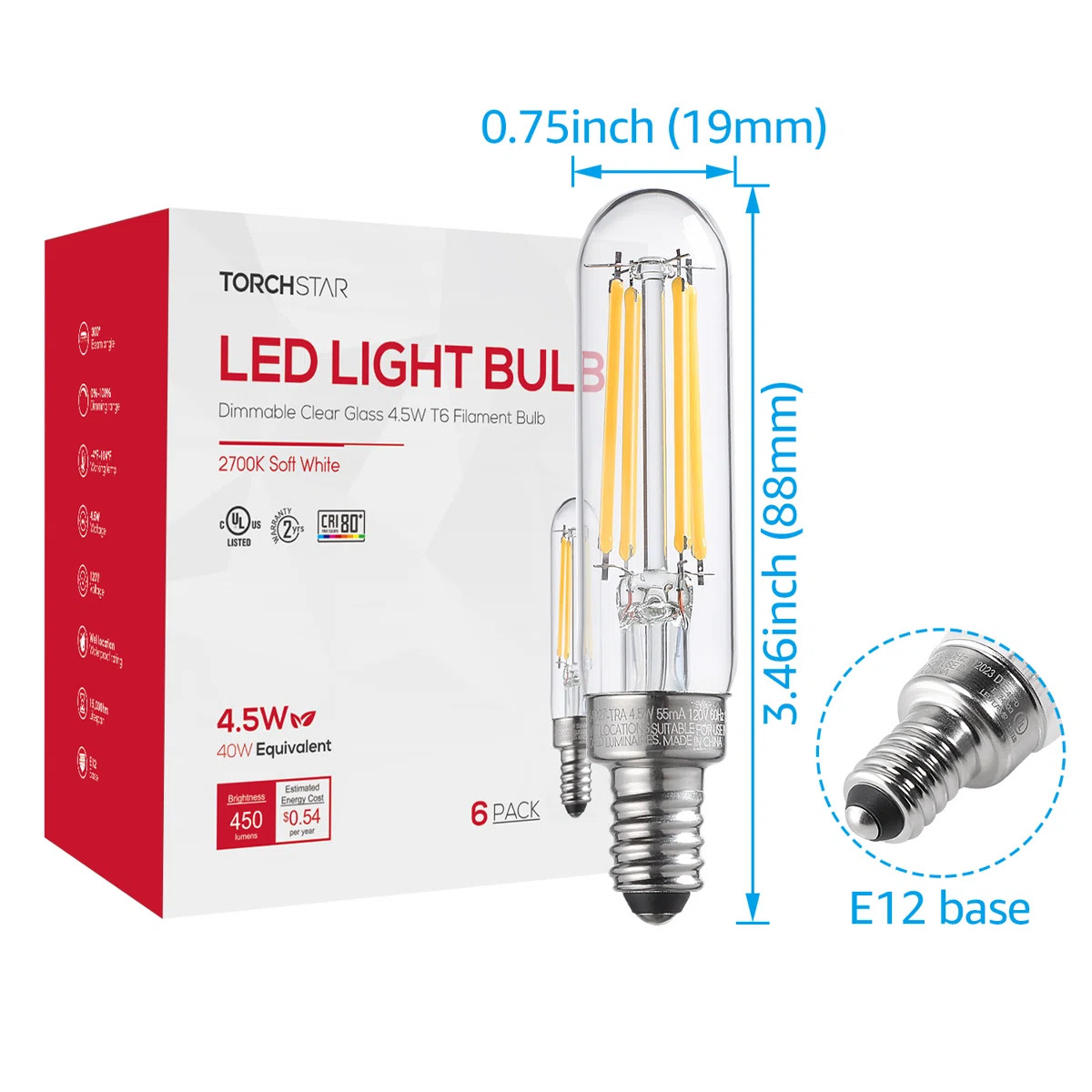E12 Candelabra Bulb, Dimmable T6 LED Bulb, 4.5W(40W Equiv.), T25 Tubular Edison Bulbs, Clear Glas... | Wayfair North America