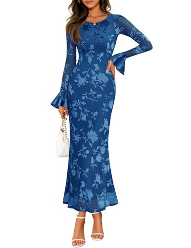 ZESICA Women's 2025 Bell Long Sleeve Floral Maxi Dress Fall Fashion Bodycon Mesh Wedding Guest Cocktail Party Dresses Dark Blue Medium | Amazon (US)