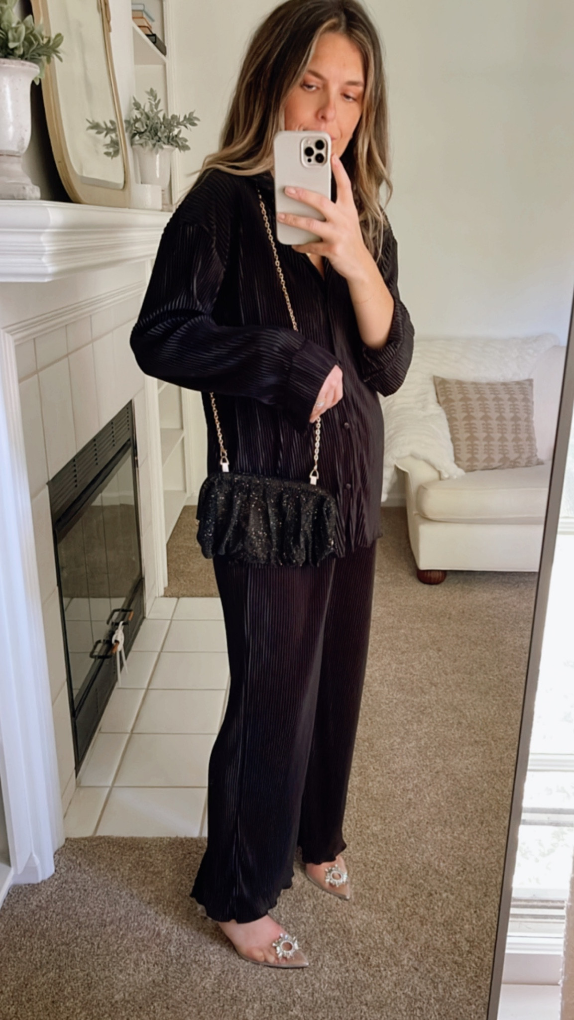 Holiday style. Holiday outfit. Satin set, sparkly clutch, transparent heels. Rhinestone heels. Bump style. Baby bump. Mom outfit. Date night. Dressy  

#LTKbump #LTKstyletip #LTKHoliday