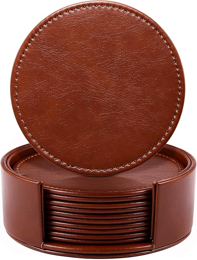 LAMOTI Leather Coasters for Drinks, 4" Drink Coasters Set of 6 with Holder for Tabletop Protectio... | Amazon (US)