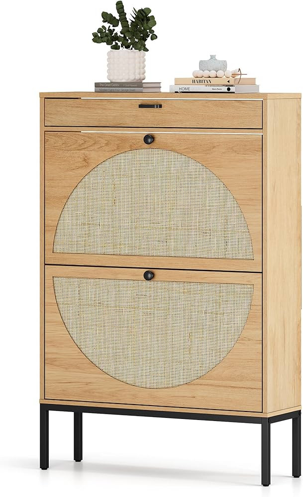 XIAO WEI Shoe Cabinet, Natural Semi Circle Rattan Shoe Storage Organizer Cabinet with 2 Flip Draw... | Amazon (US)