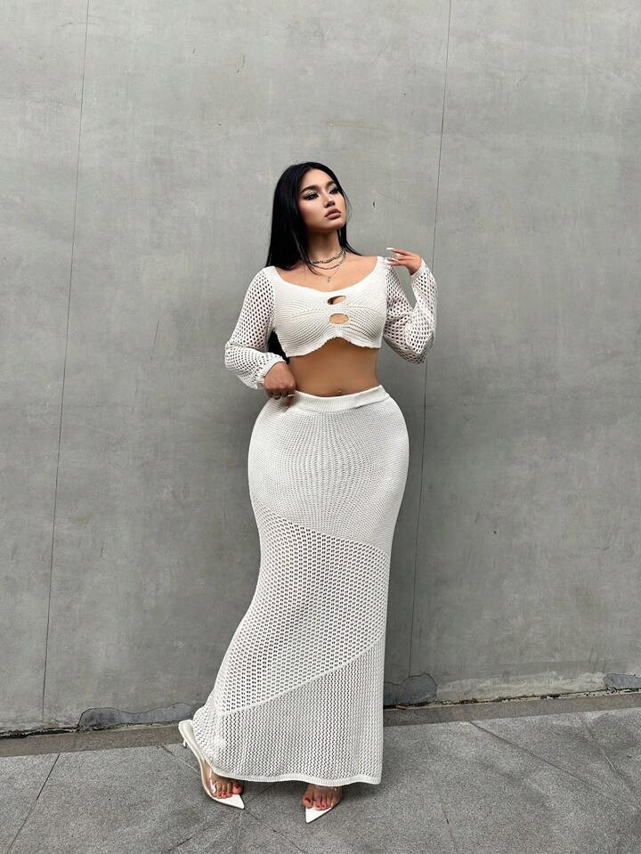 SHEIN EZwear 2Pcs Plus Size Women Sexy Hollow Out Tight Knit Sweater Set | SHEIN USA | SHEIN