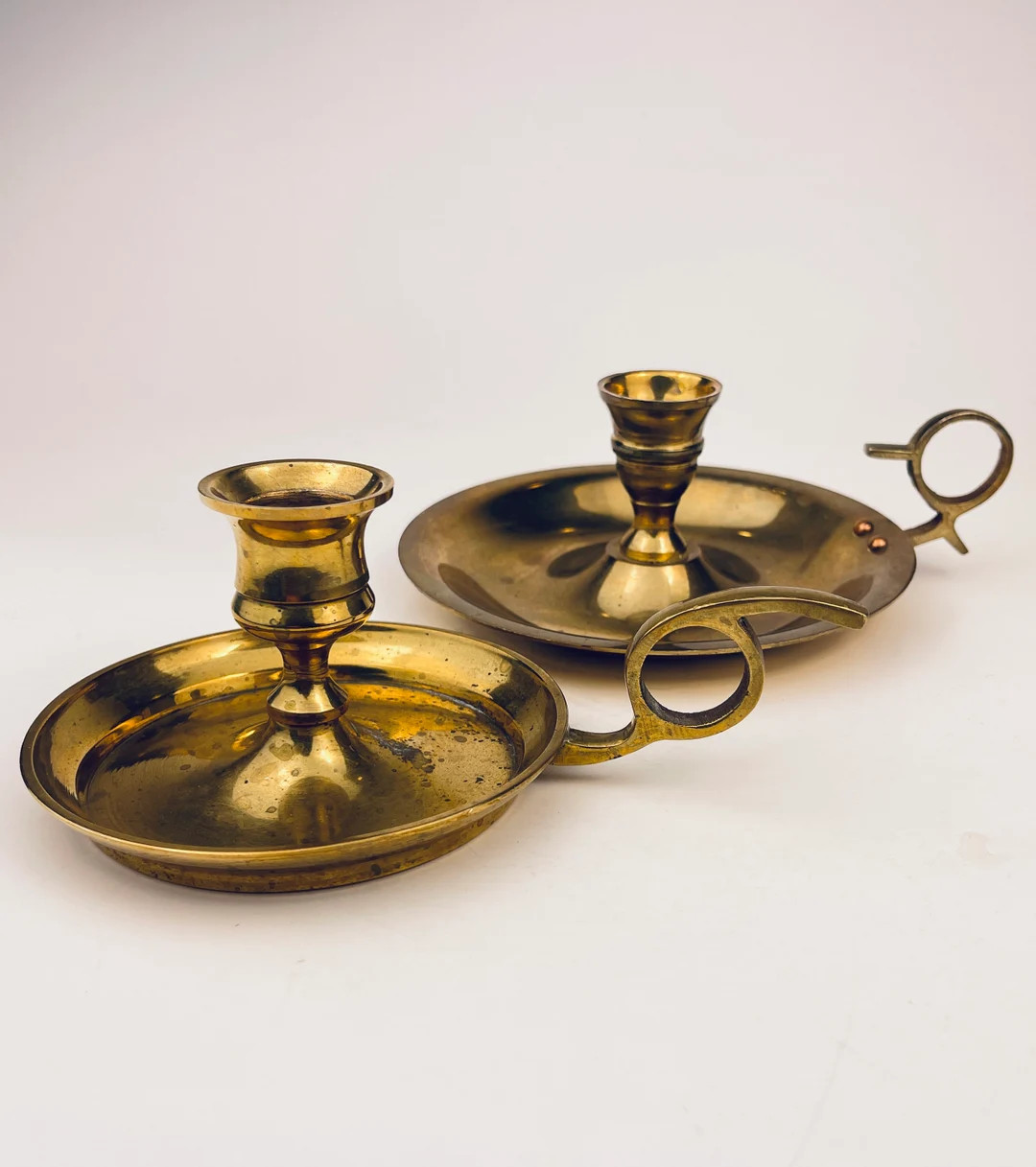 Vintage Solid Brass Chamber-Stick/Finger Loop Candle Holders - Aged Attractive Patina - Set of Tw... | Etsy (US)