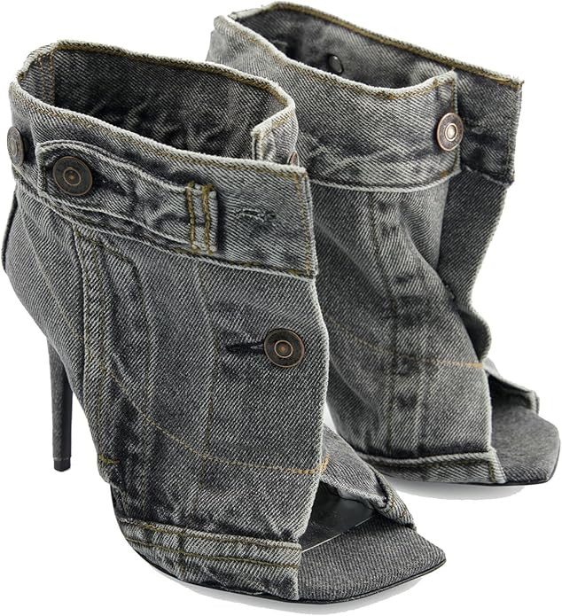THESHY Women's Peep Toe Stiletto High Heel Ankle Denim Boots Metal Button Sandals Bootie Fashion ... | Amazon (US)