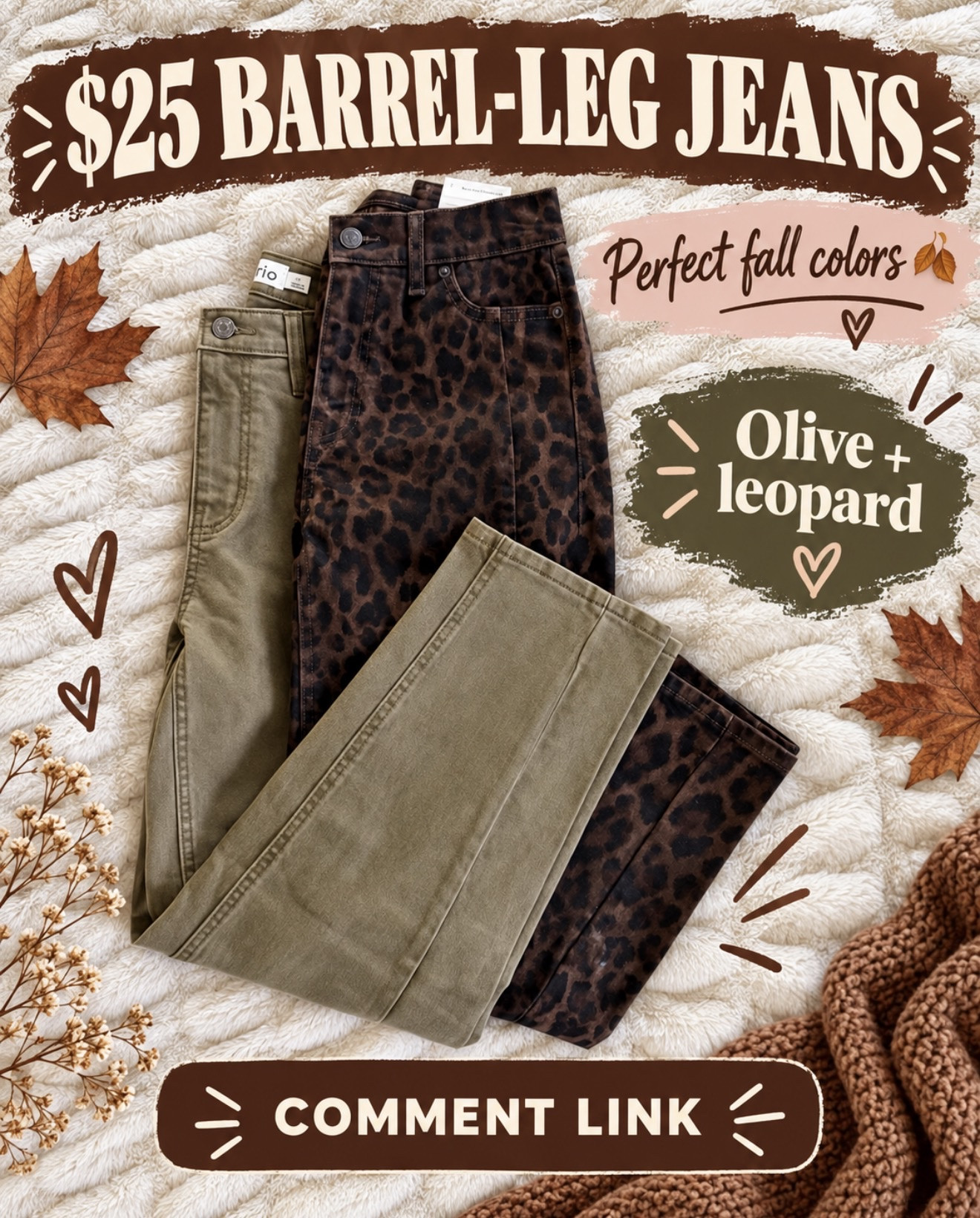 These $25 barrel-leg jeans come in the BEST fall colors 😍 Olive or leopard—which pair are you grabbing? Comment LINK and I’ll send them to you! 🔗

#LTKOver40 #LTKootd #LTKSeasonal