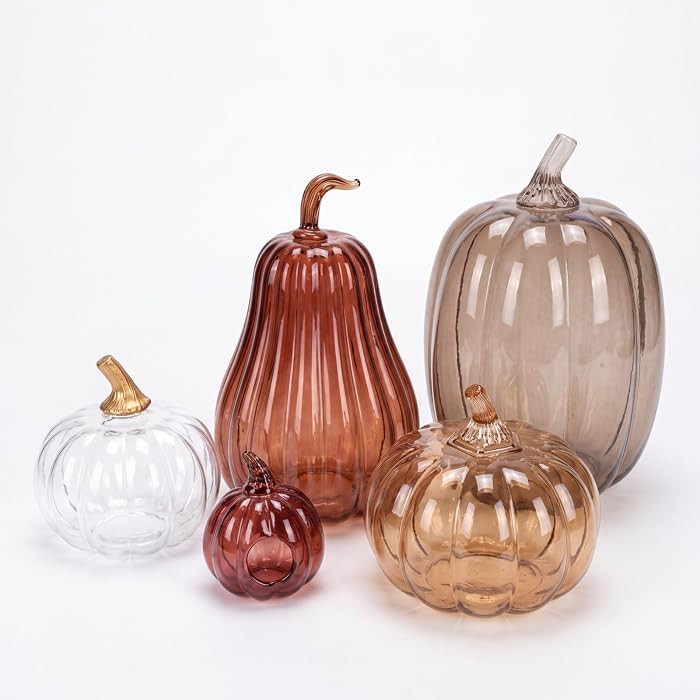 SiliFine 5 Pcs Hand Blown Glass Pumpkin Decor Lamp Luxurious Fall Figurine Collectible Rustic Har... | Amazon (US)