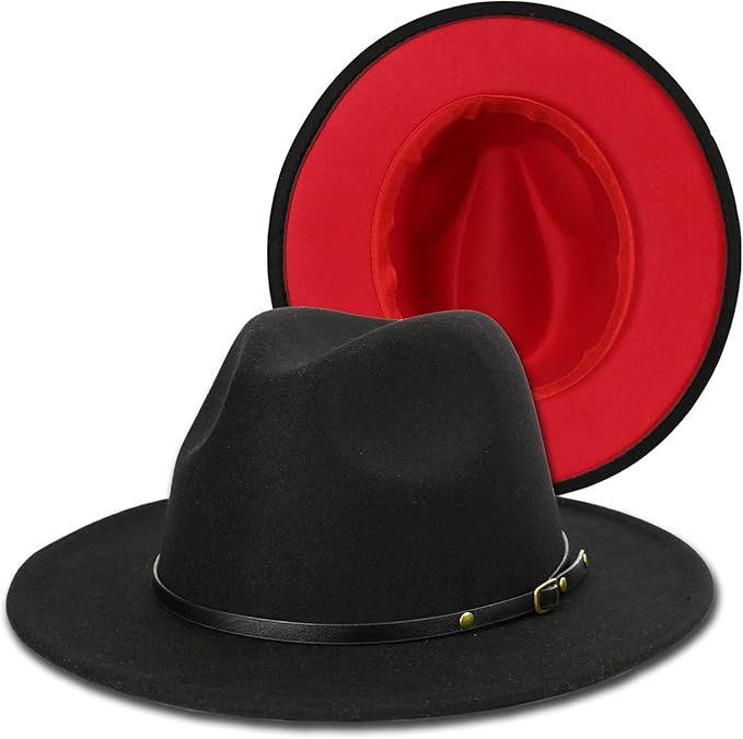 SINPOBES Fedora Hat for Women Wide Brim Black Panama Hat with Belt Buckle Unisex Mens Fedora Two ... | Amazon (US)