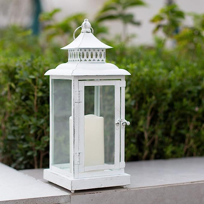 Ninganju 13.5 Inches Decorative Candle Lantern White Metal Antique Rustic Outdoor Hanging Lantern... | Amazon (US)
