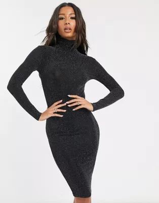 Boohoo bodycon midi dress with high neck in black shimmer | ASOS US