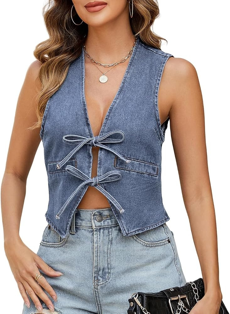 Ladyful Women's Denim Vest Top V Neck Bow Tie Front Jean Vest Sleeveless Lightweight Summer Sexy ... | Amazon (US)