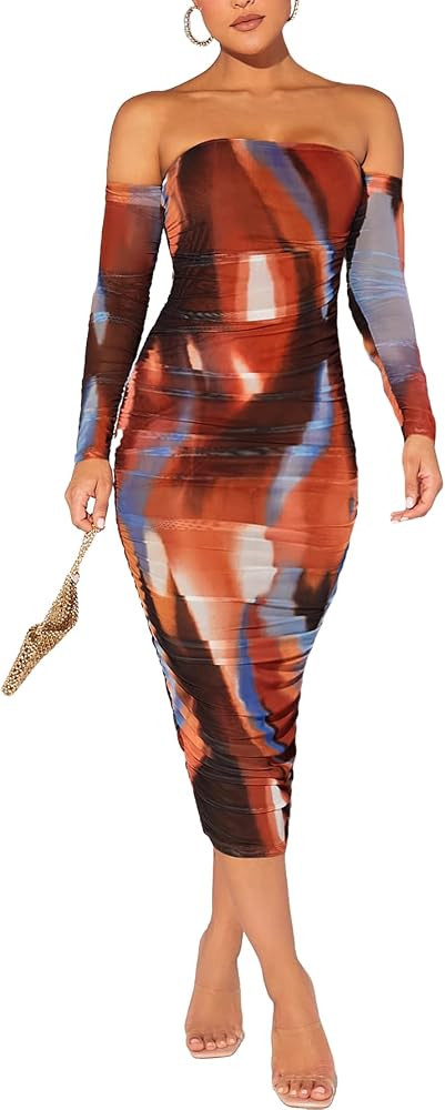 Verdusa Women's Off Shoulder Long Sleeve Ruched Tie Dye Long Bodycon Dress | Amazon (US)